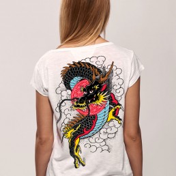 dragon in sky women t-shirt snake legend white