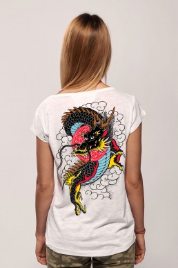 dragon in sky women t-shirt snake legend white