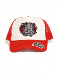 gray demon summer red baseball trucker