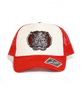 gray demon summer red baseball trucker