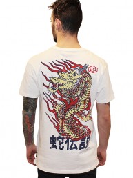 dragon print on the backside of white cotton men t-shirt snake legend