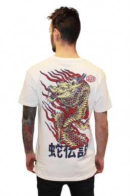 dragon print on the backside of white cotton men t-shirt snake legend