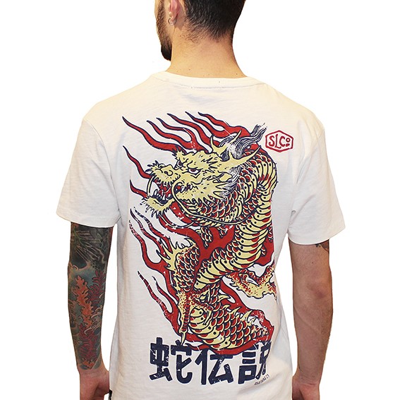 dragon print on the backside of white cotton men t-shirt snake legend