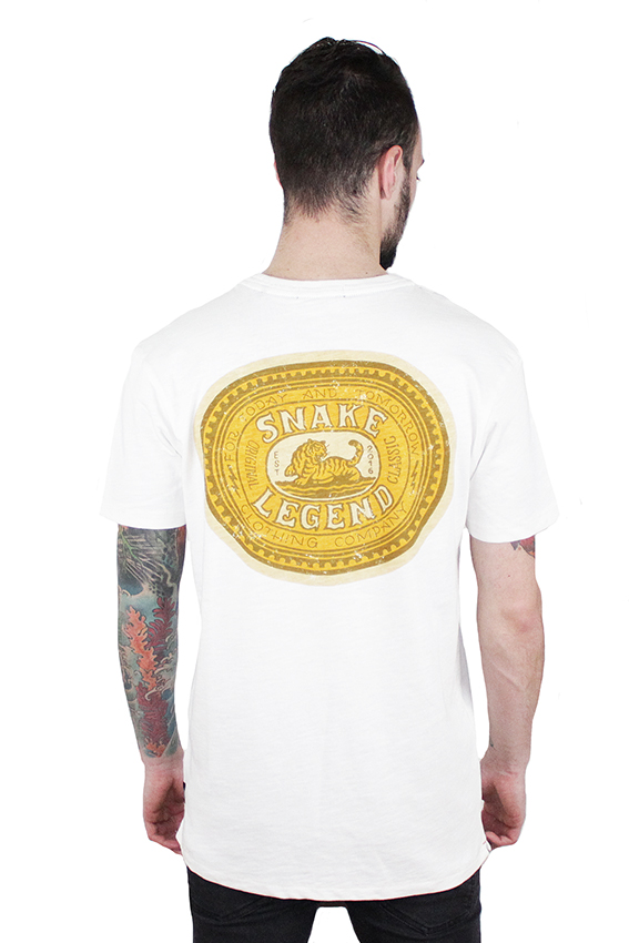 yellow tiger on the back side of white snake legend men t-shirt